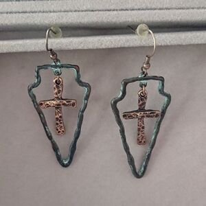 Rustic Copper Triangle with cross Earrings